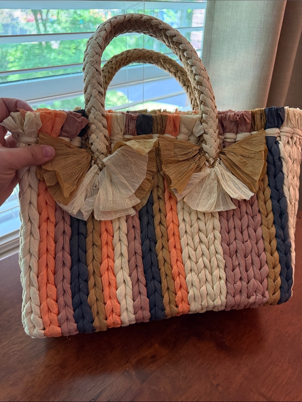 Vince Camuto Woven Raffia Tote Bag in Tan, Orange & Brown